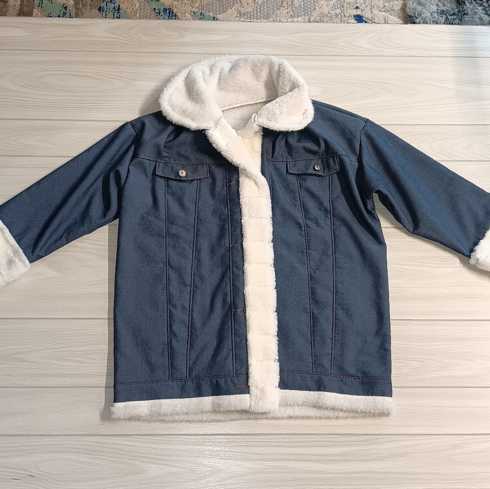Women Winter Fashion Faux Fur One-Piece Denim Long Sleeve Jacket